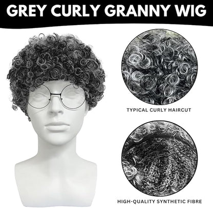 VIROSA Grey Curly Granny Wig and Glasses Set – Fancy Dress Costume Accessory for World Book Day, School Plays, Parties & Book Week Events