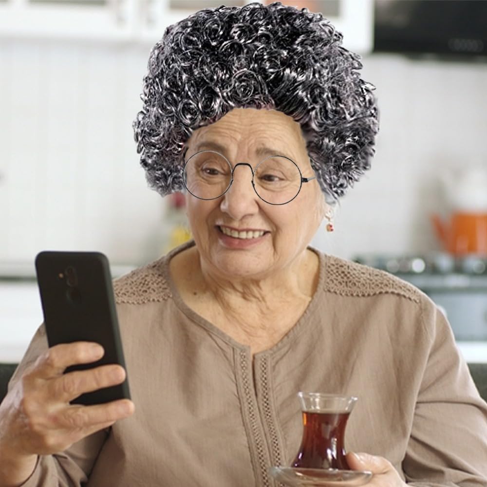 VIROSA Grey Curly Granny Wig and Glasses Set – Fancy Dress Costume Accessory for World Book Day, School Plays, Parties & Book Week Events
