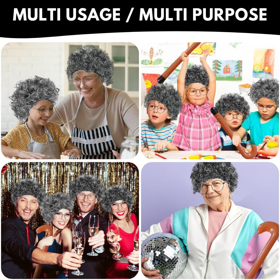 VIROSA Grey Curly Granny Wig and Glasses Set – Fancy Dress Costume Accessory for World Book Day, School Plays, Parties & Book Week Events
