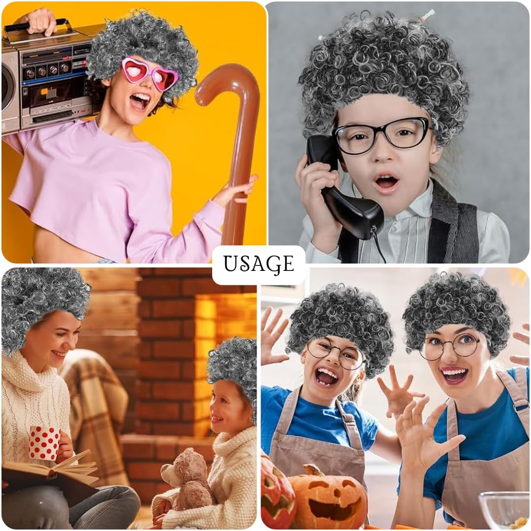VIROSA Grey Curly Granny Wig and Glasses Set – Fancy Dress Costume Accessory for World Book Day, School Plays, Parties & Book Week Events