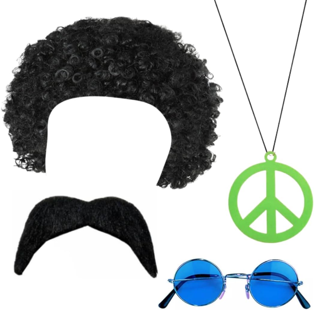 VIROSA Hippie Costume 4-Piece Set – Includes Funky Afro Wig, Sunglasses, Moustache & Peace Necklace | 60s & 70s Fancy Dress for Parties, Festivals & Halloween