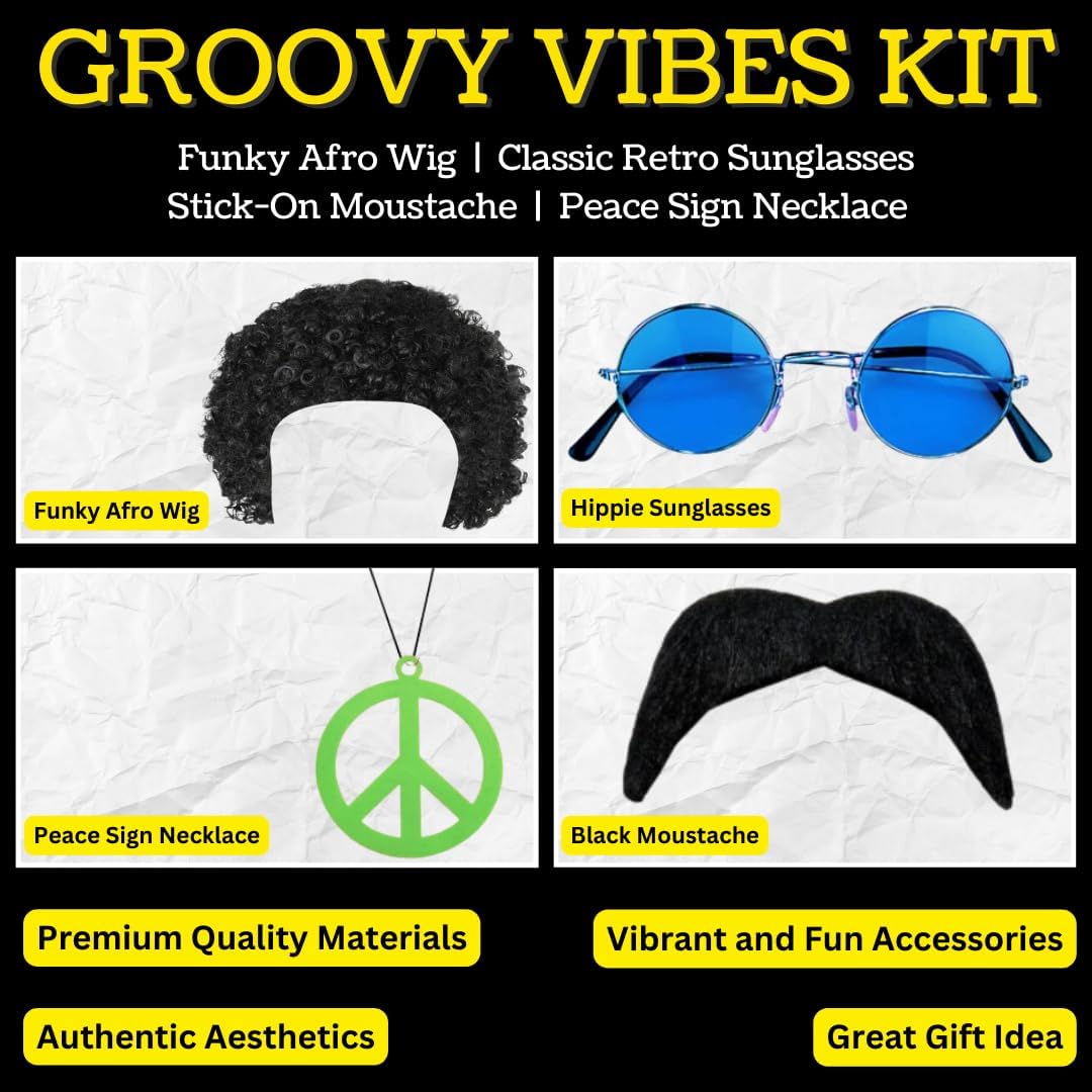 VIROSA Hippie Costume 4-Piece Set – Includes Funky Afro Wig, Sunglasses, Moustache & Peace Necklace | 60s & 70s Fancy Dress for Parties, Festivals & Halloween