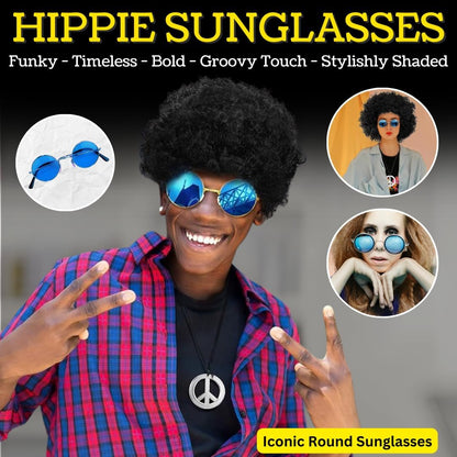 VIROSA Hippie Costume 4-Piece Set – Includes Funky Afro Wig, Sunglasses, Moustache & Peace Necklace | 60s & 70s Fancy Dress for Parties, Festivals & Halloween