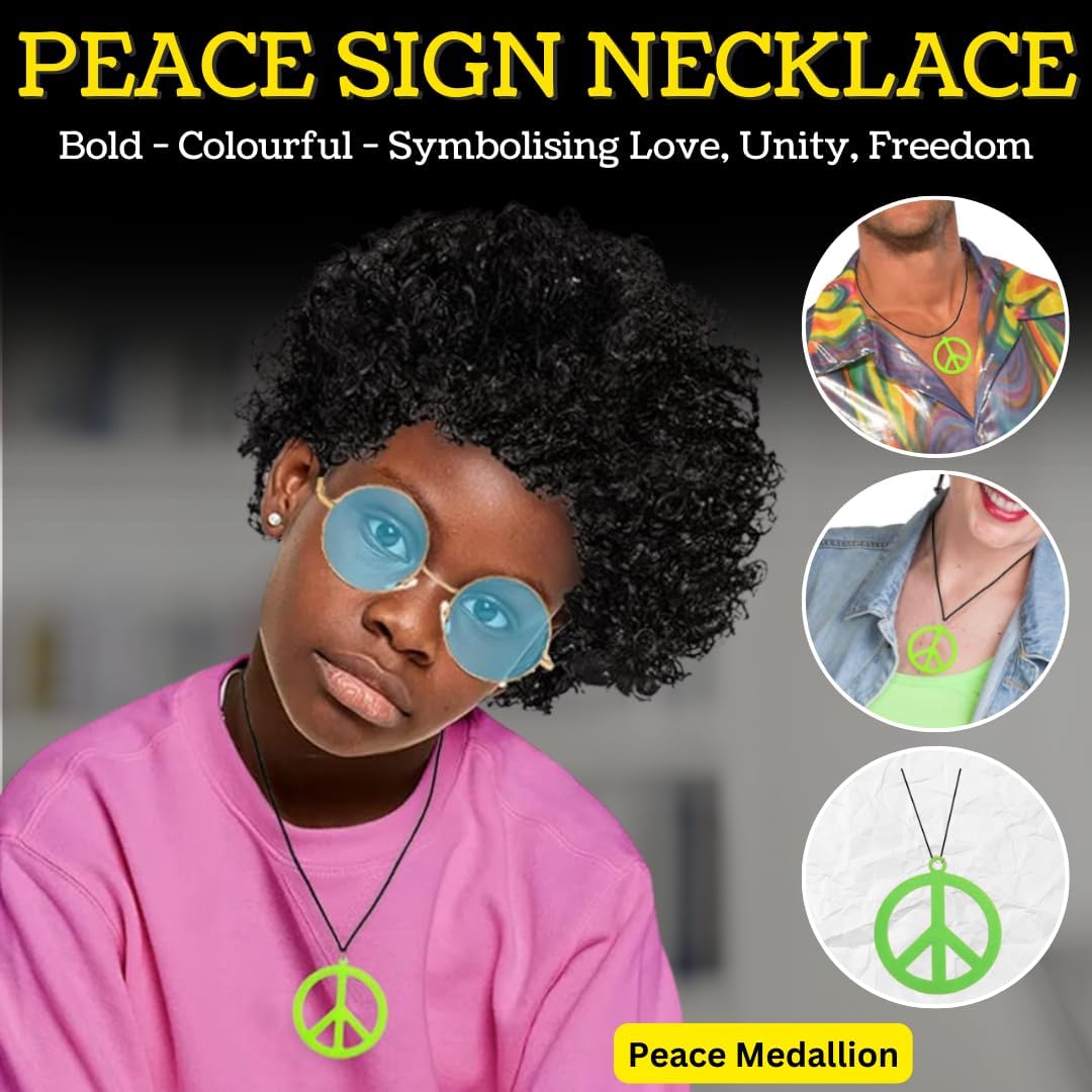 VIROSA Hippie Costume 4-Piece Set – Includes Funky Afro Wig, Sunglasses, Moustache & Peace Necklace | 60s & 70s Fancy Dress for Parties, Festivals & Halloween