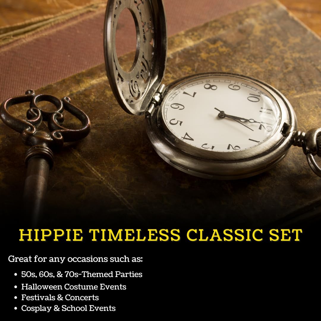 VIROSA Hippie Costume 4-Piece Set – Includes Funky Afro Wig, Sunglasses, Moustache & Peace Necklace | 60s & 70s Fancy Dress for Parties, Festivals & Halloween