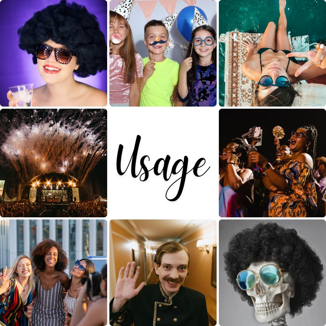 VIROSA Hippie Costume 4-Piece Set – Includes Funky Afro Wig, Sunglasses, Moustache & Peace Necklace | 60s & 70s Fancy Dress for Parties, Festivals & Halloween