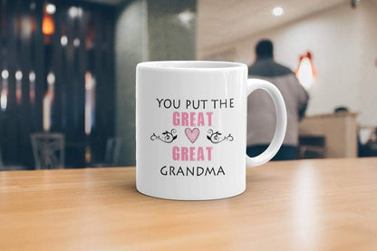 VIROSA Great Grandma Mug – You Put The Great in Great Grandma – Cute Gift from Grandchildren – Birthday, Mother’s Day, Christmas Present – 11oz White Ceramic Coffee Cup