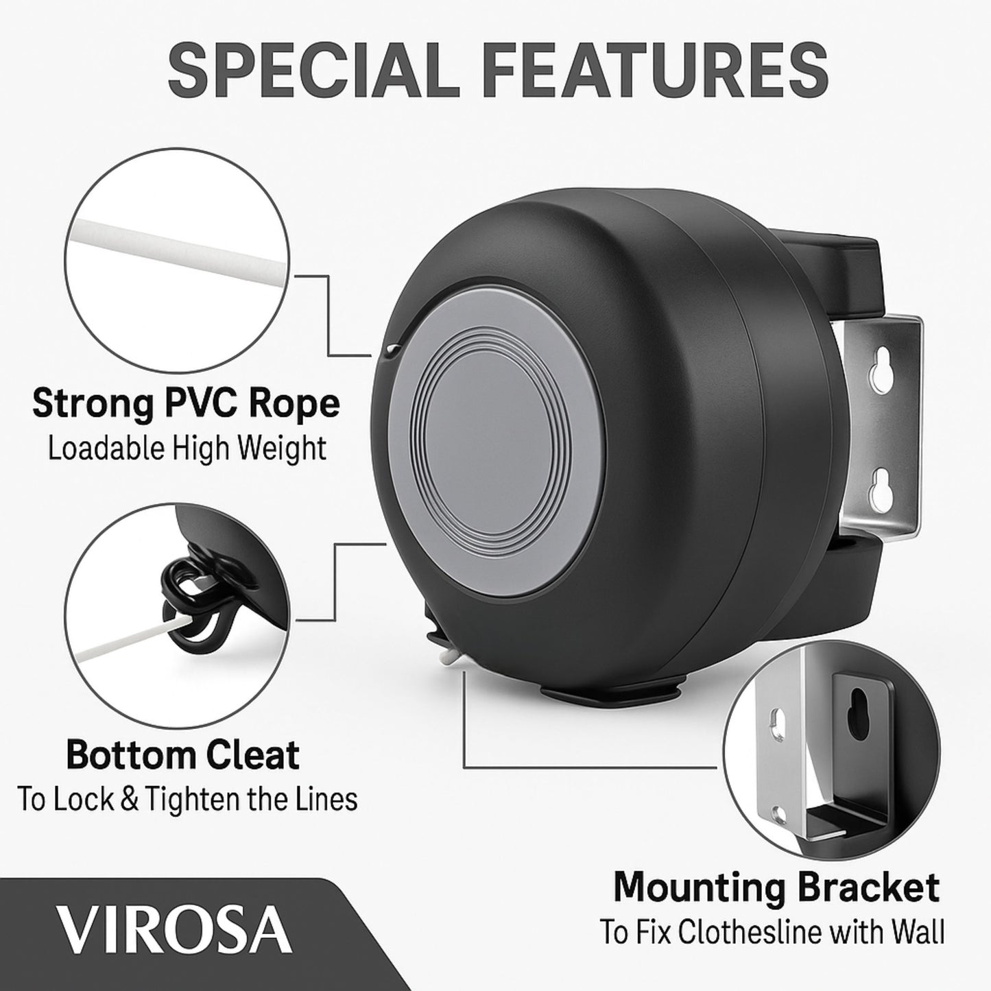 VIROSA Retractable Washing Line 30m – Dual Clothesline Dryer with Twin Cable – Heavy Duty Wall Mounted Laundry Reel for Indoor & Outdoor Use – Space-Saving Tangle-Free Design – Black
