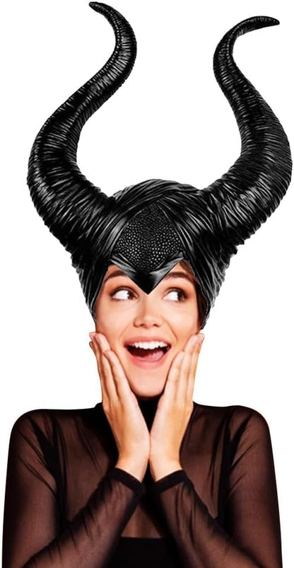 VIROSA Deluxe Evil Witch Horns Hat – Black Latex Queen Horns for Halloween Costume Party, Fancy Dress Accessory, World Book Week Outfit