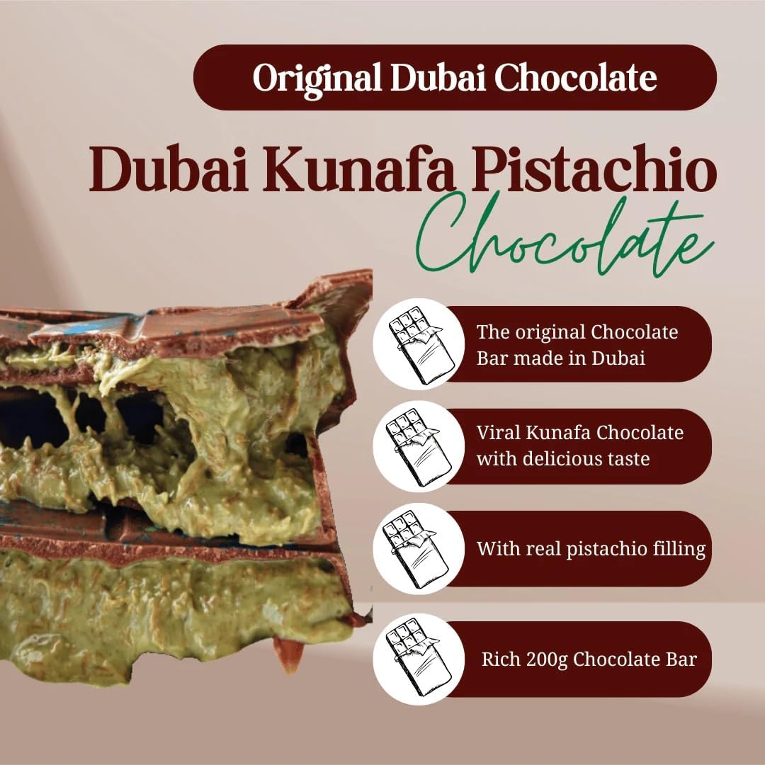 Dubai Chocolate Bar – Pistachio Kunafa 200g | Authentic UAE Import | Viral Cream-Filled Milk Chocolate with Kadayif Kataifi | Gourmet Gift Snack for Kids, Family & Friends – Pack of 1