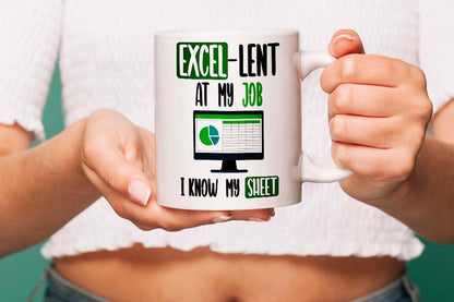 VIROSA Funny Work Mug – Excel-Lent at My Job, Know My Sheet – Gift for Coworkers, Boss, Accountant, Data Analyst or Office Nerd – Spreadsheet Joke – 11oz White Ceramic Coffee Cup