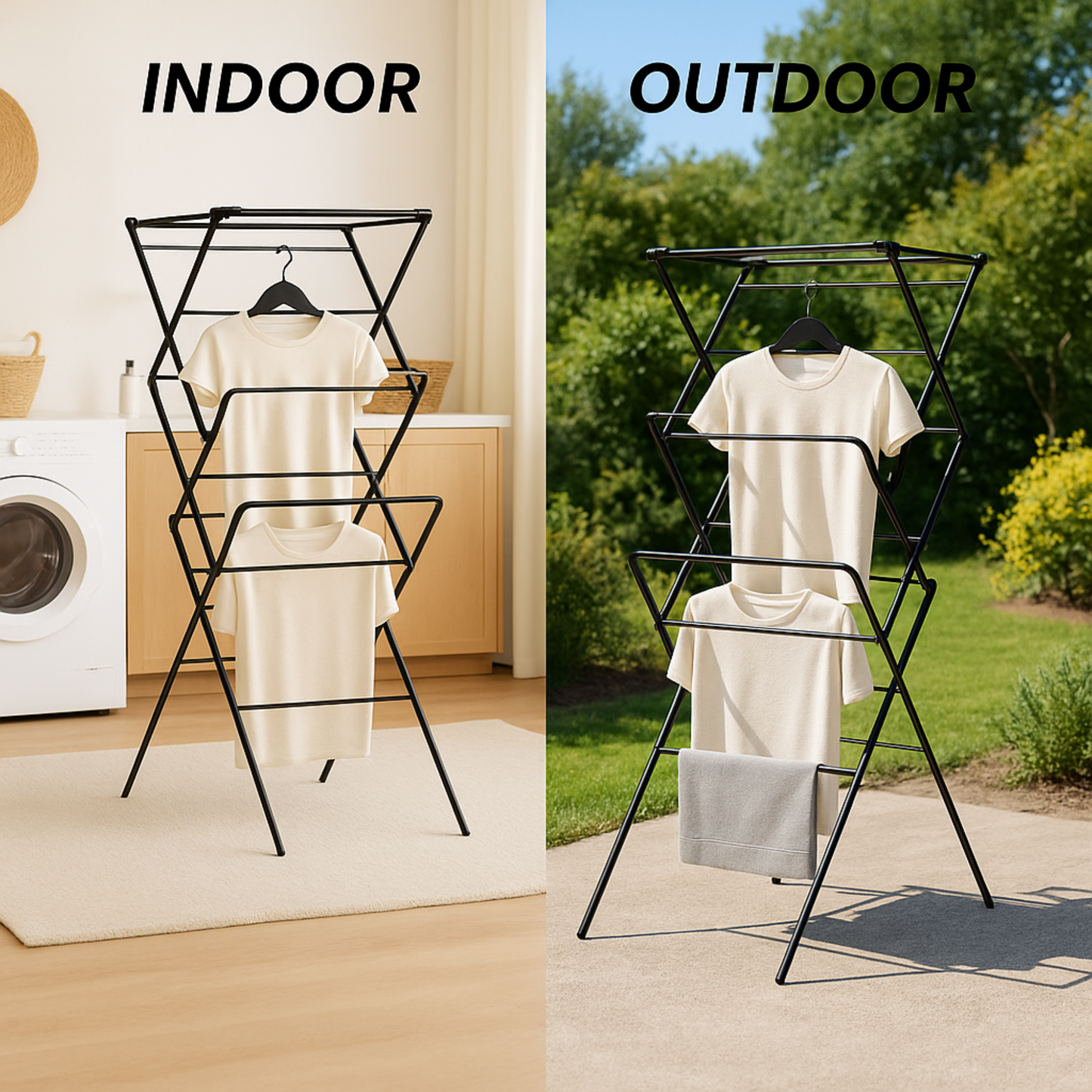 VIROSA 3 Tier Clothes Airer Drying Rack – Foldable Indoor & Outdoor Laundry Stand with Non-Slip Feet & Hanger Corners – Lightweight Space-Saving Design – 63 x 46 x 138cm – Black