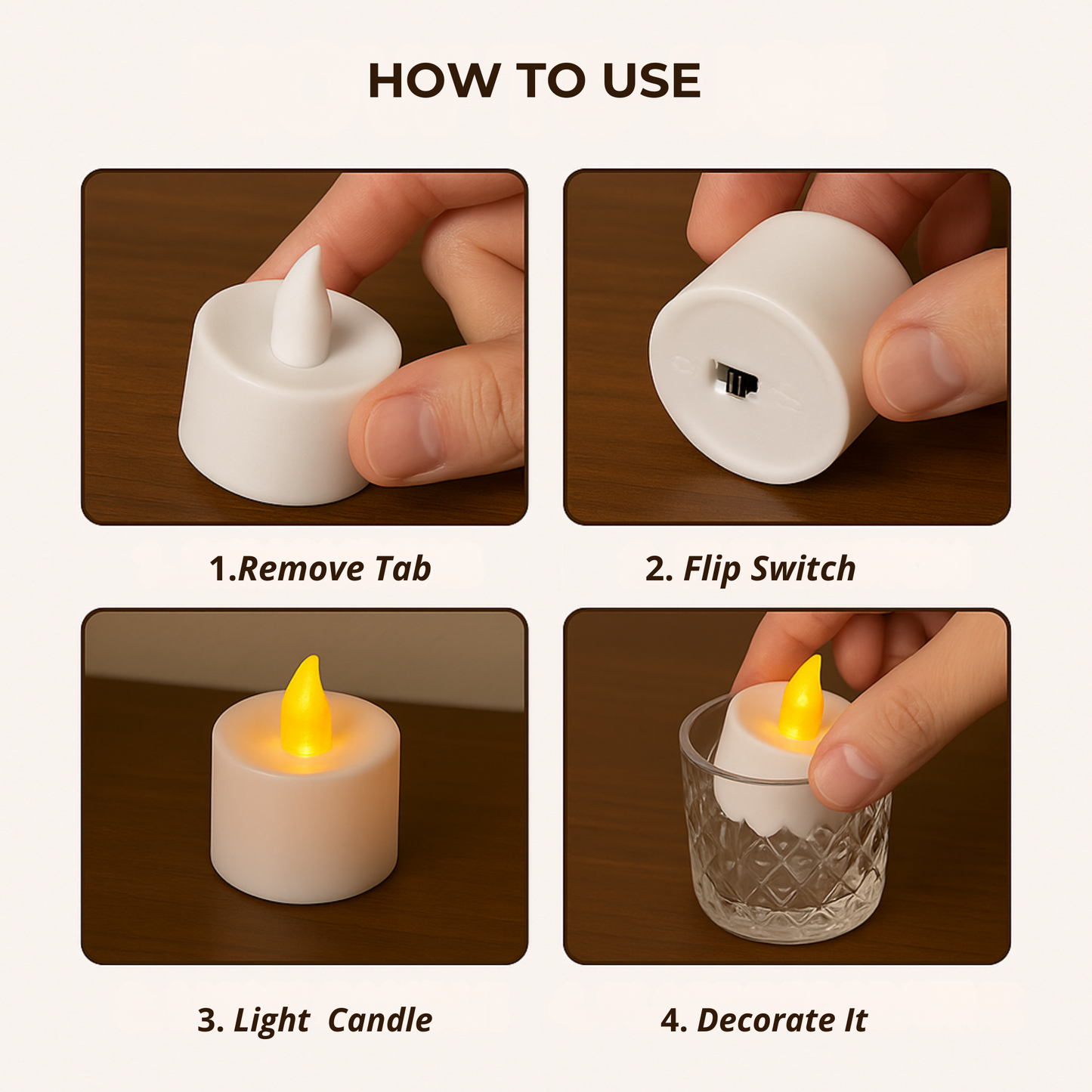 VIROSA Pack of 24 LED Wave Design Tea Light Candles – Flameless, Realistic Cool White Flickering Lights – 3cm x 3cm – Battery Operated – Energy Class A