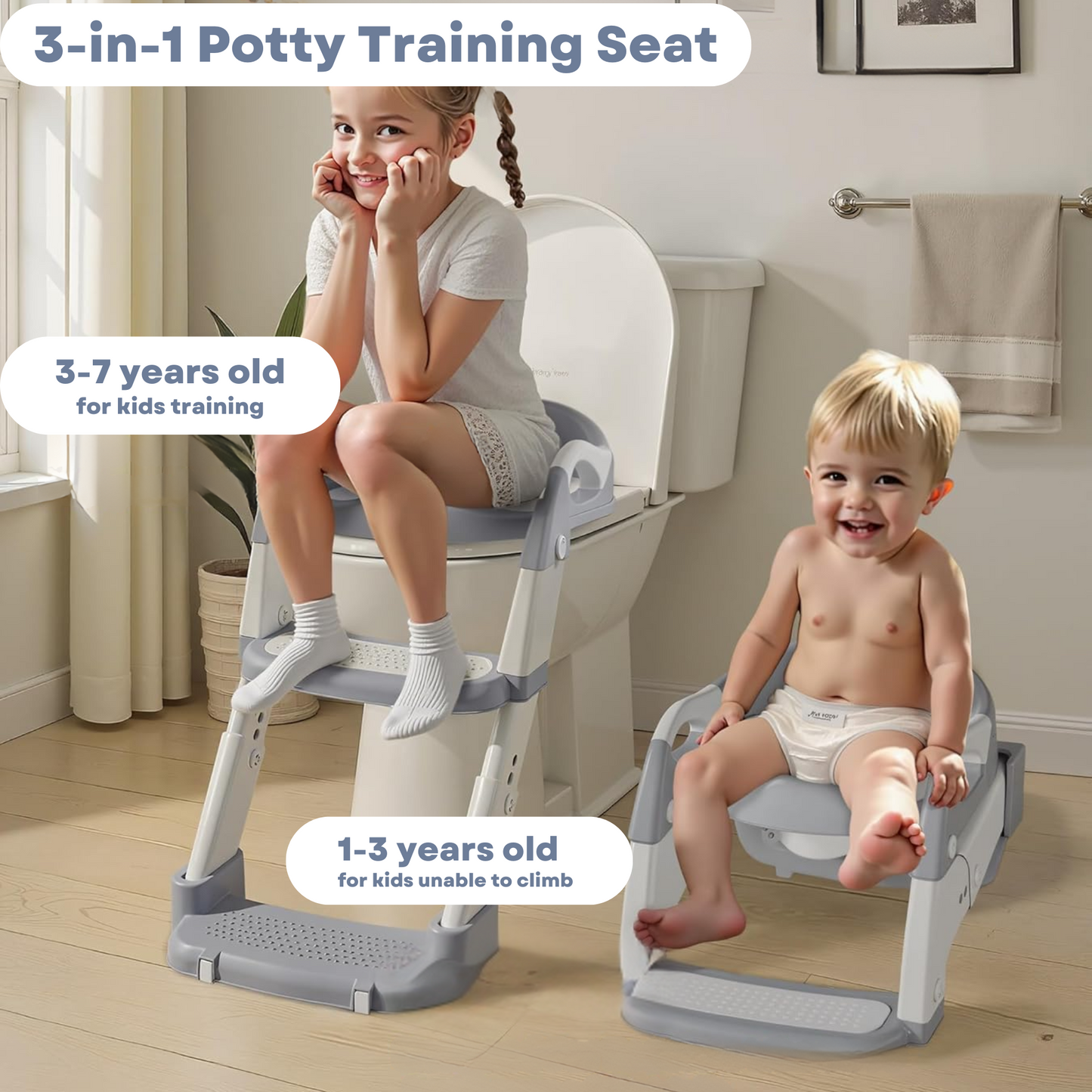 VIROSA 3-in-1 Toddler Toilet Seat with Step Stool – Adjustable Potty Training Chair for Boys & Girls (Grey / Pink & Purple)