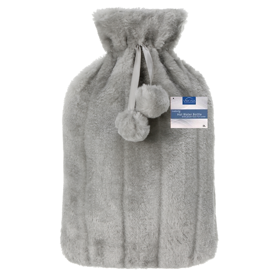VIROSA 2L Hot Water Bottle with Soft Fluffy Cover – Pain Relief for Back, Neck, Cramps & Cold Nights (Light Grey)
