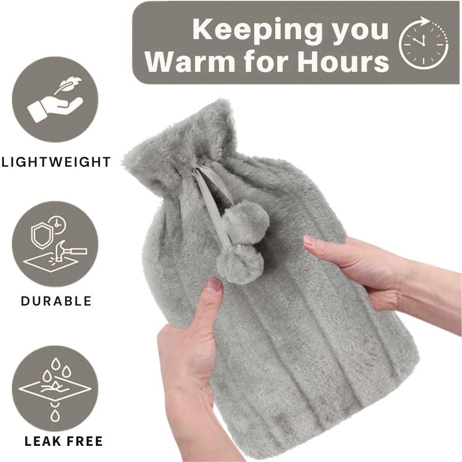 VIROSA 2L Hot Water Bottle with Soft Fluffy Cover – Pain Relief for Back, Neck, Cramps & Cold Nights (Light Grey)
