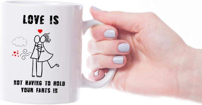 VIROSA Funny Love Mug – Love is Not Having to Hold Your Farts in – Rude Gift for Partner, Husband, Wife, Boyfriend or Girlfriend – Valentine’s, Anniversary, Birthday – 11oz Ceramic Coffee Cup
