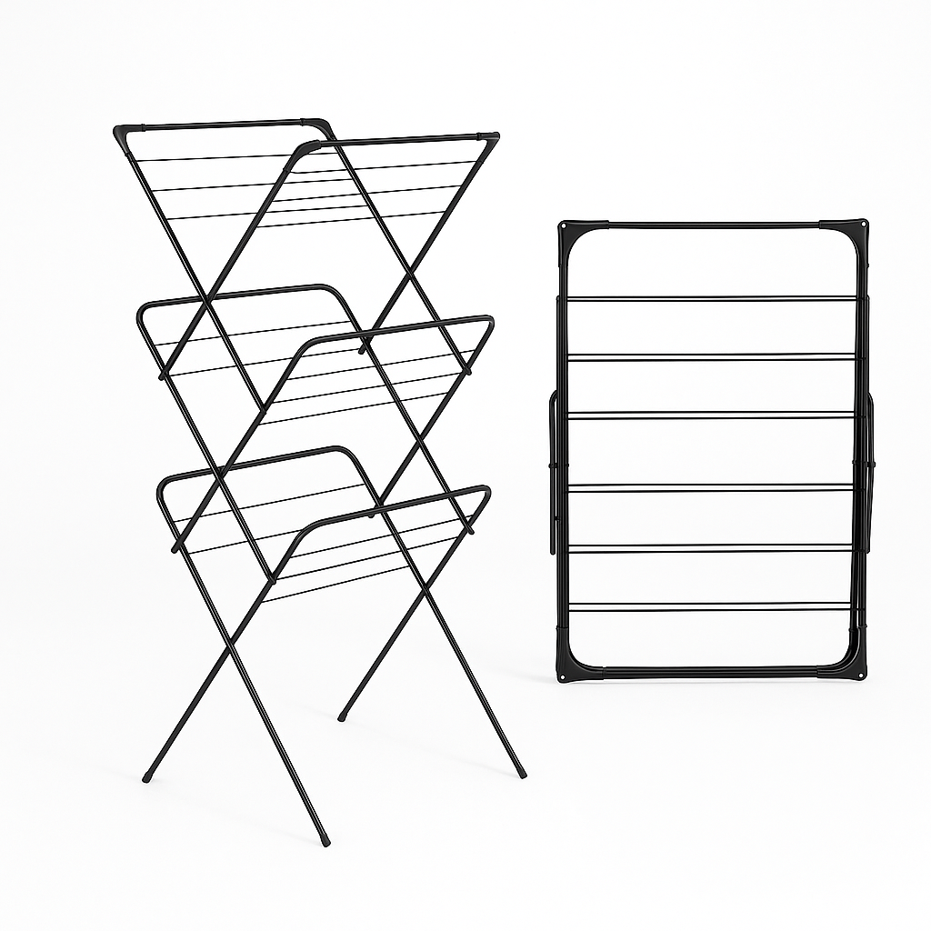 VIROSA 3 Tier Clothes Airer Drying Rack – Foldable Indoor & Outdoor Laundry Stand with Non-Slip Feet & Hanger Corners – Lightweight Space-Saving Design – 63 x 46 x 138cm – Black