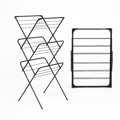 VIROSA 3 Tier Clothes Airer Drying Rack – Foldable Indoor & Outdoor Laundry Stand with Non-Slip Feet & Hanger Corners – Lightweight Space-Saving Design – 63 x 46 x 138cm – Black