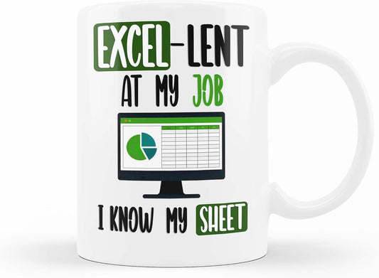 VIROSA Funny Work Mug – Excel-Lent at My Job, Know My Sheet – Gift for Coworkers, Boss, Accountant, Data Analyst or Office Nerd – Spreadsheet Joke – 11oz White Ceramic Coffee Cup