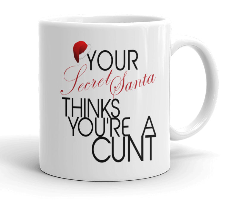 VIROSA Rude Secret Santa Mug – Your Secret Santa Thinks You’re a C*NT – Funny Office Gift for Coworkers, Friends, Him or Her – 11oz White Ceramic Coffee Cup – Sarcastic Xmas Present