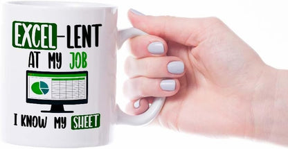 VIROSA Funny Work Mug – Excel-Lent at My Job, Know My Sheet – Gift for Coworkers, Boss, Accountant, Data Analyst or Office Nerd – Spreadsheet Joke – 11oz White Ceramic Coffee Cup