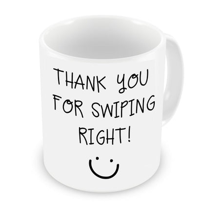 VIROSA Funny Dating Mug – Thank You for Swiping Right! – Sarcastic Gift for Boyfriend, Girlfriend, Partner – Anniversary, Valentine’s, Birthday – 11oz White Ceramic Coffee Cup