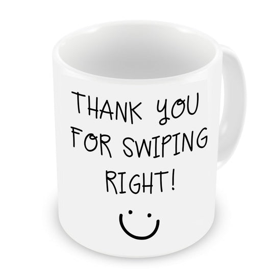 VIROSA Funny Dating Mug – Thank You for Swiping Right! – Sarcastic Gift for Boyfriend, Girlfriend, Partner – Anniversary, Valentine’s, Birthday – 11oz White Ceramic Coffee Cup