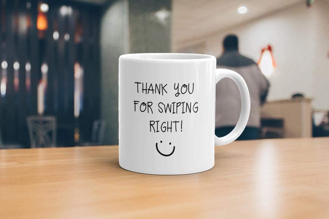 VIROSA Funny Dating Mug – Thank You for Swiping Right! – Sarcastic Gift for Boyfriend, Girlfriend, Partner – Anniversary, Valentine’s, Birthday – 11oz White Ceramic Coffee Cup