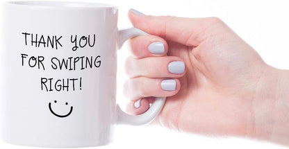 VIROSA Funny Dating Mug – Thank You for Swiping Right! – Sarcastic Gift for Boyfriend, Girlfriend, Partner – Anniversary, Valentine’s, Birthday – 11oz White Ceramic Coffee Cup