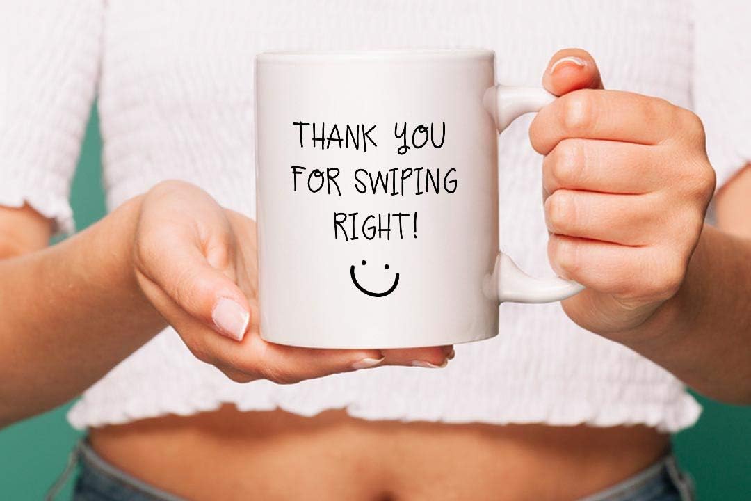 VIROSA Funny Dating Mug – Thank You for Swiping Right! – Sarcastic Gift for Boyfriend, Girlfriend, Partner – Anniversary, Valentine’s, Birthday – 11oz White Ceramic Coffee Cup
