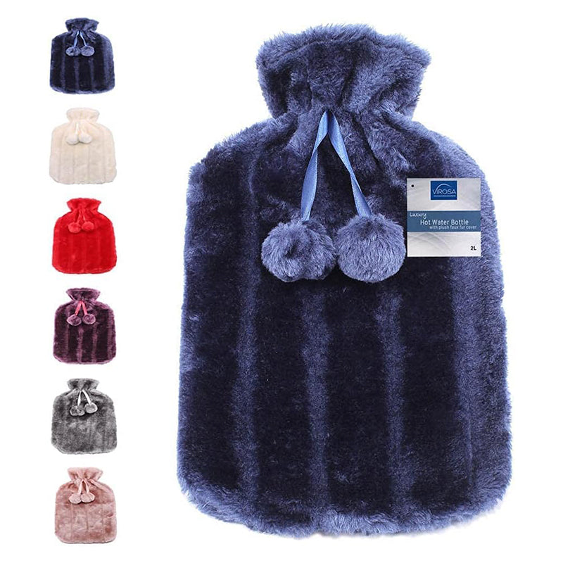 Hot Water Bottle with Cozy Royal Blue Fluffy Cover | Best for Relief from Back, Neck, and Leg Muscle Pain and Cramps