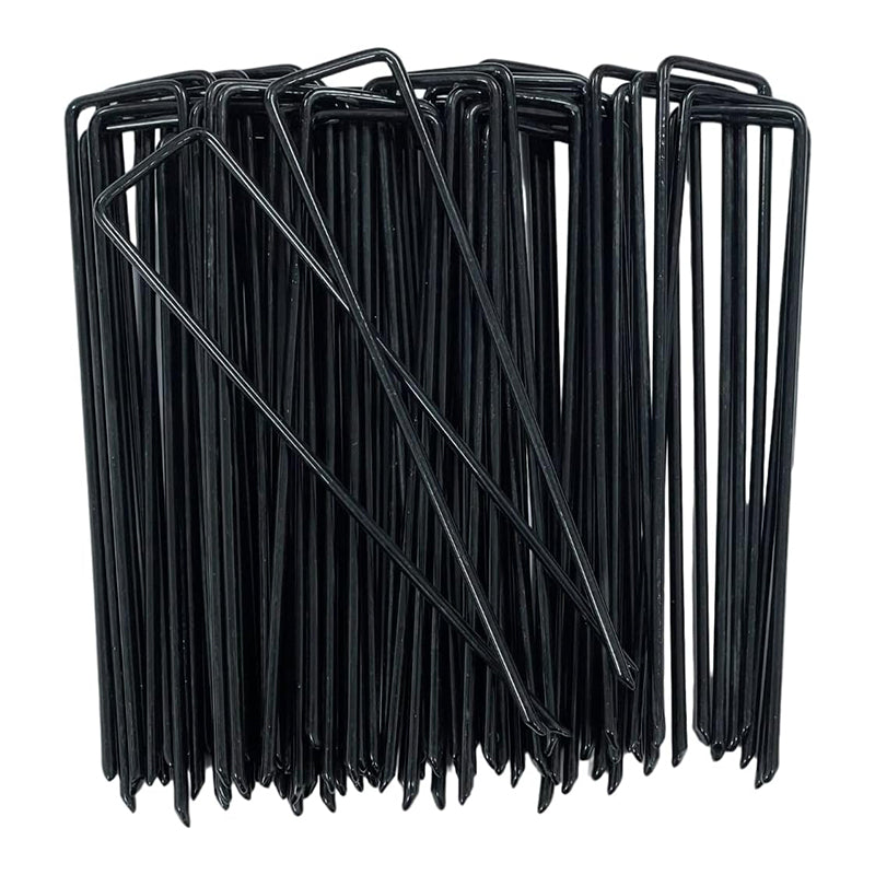 100 Pack Black Garden Pegs 6'' Galvanized Steel - Ideal for Weed Control Membrane, Netting, Landscape Fabric, Artificial Grass