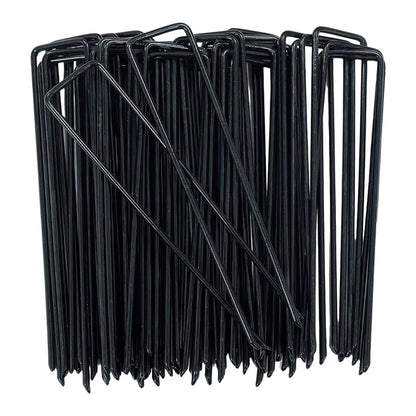 100 Pack Black Garden Pegs 6'' Galvanized Steel - Ideal for Weed Control Membrane, Netting, Landscape Fabric, Artificial Grass