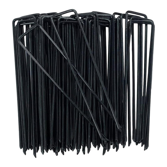 100 Pack Black Garden Pegs 6'' Galvanized Steel - Ideal for Weed Control Membrane, Netting, Landscape Fabric, Artificial Grass