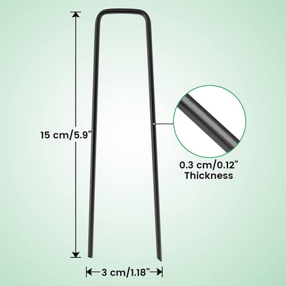 100 Pack Black Garden Pegs 6'' Galvanized Steel - Ideal for Weed Control Membrane, Netting, Landscape Fabric, Artificial Grass