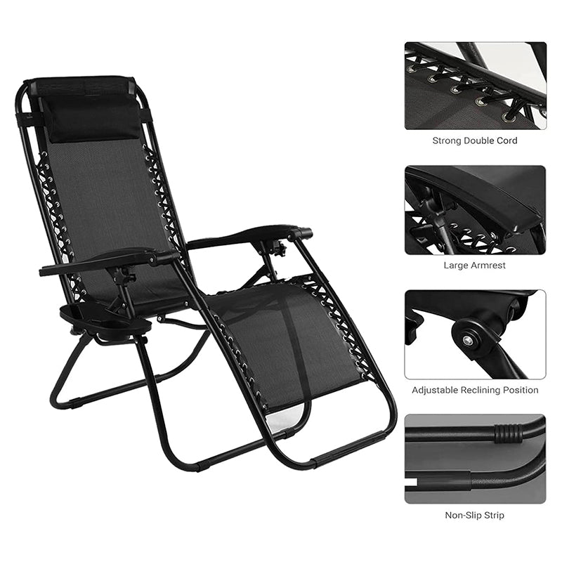 Set of 2 Black Zero Gravity Chairs - Reclining & Folding Garden Loungers Made with Heavy Duty Textoline - Includes Cup Holder and Headrest Pillow
