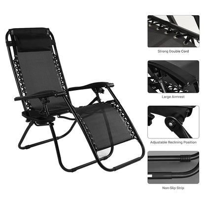 Set of 2 Black Zero Gravity Chairs - Reclining & Folding Garden Loungers Made with Heavy Duty Textoline - Includes Cup Holder and Headrest Pillow