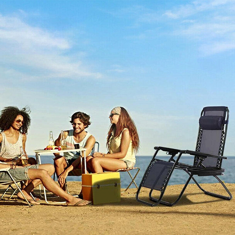 Set of 2 Black Zero Gravity Chairs - Reclining & Folding Garden Loungers Made with Heavy Duty Textoline - Includes Cup Holder and Headrest Pillow