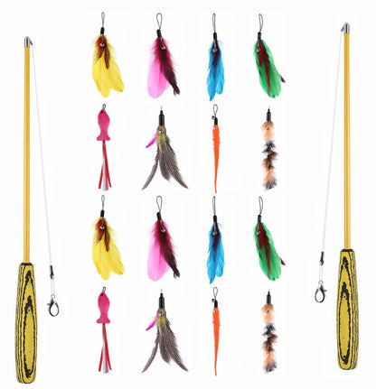 GrassVillage Cat Teaser Wand Toy Set (2 Pack) with 2 wands, 16 Feather Refills & 4 Hooks – Interactive Indoor Cat Toy for Exercise & Play