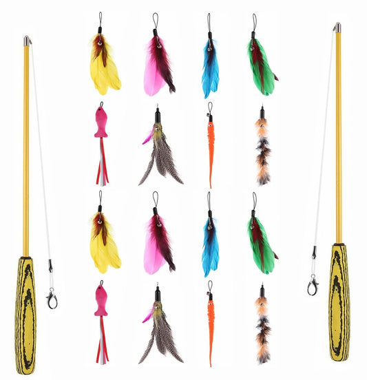 GrassVillage Cat Teaser Wand Toy Set (2 Pack) with 2 wands, 16 Feather Refills & 4 Hooks – Interactive Indoor Cat Toy for Exercise & Play