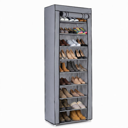 Virosa 10 Tier Shoe Rack with Dustproof Cover – Space Saving Shoe Organizer for 25–30 Pairs | Portable Easy Assembly Storage Cabinet