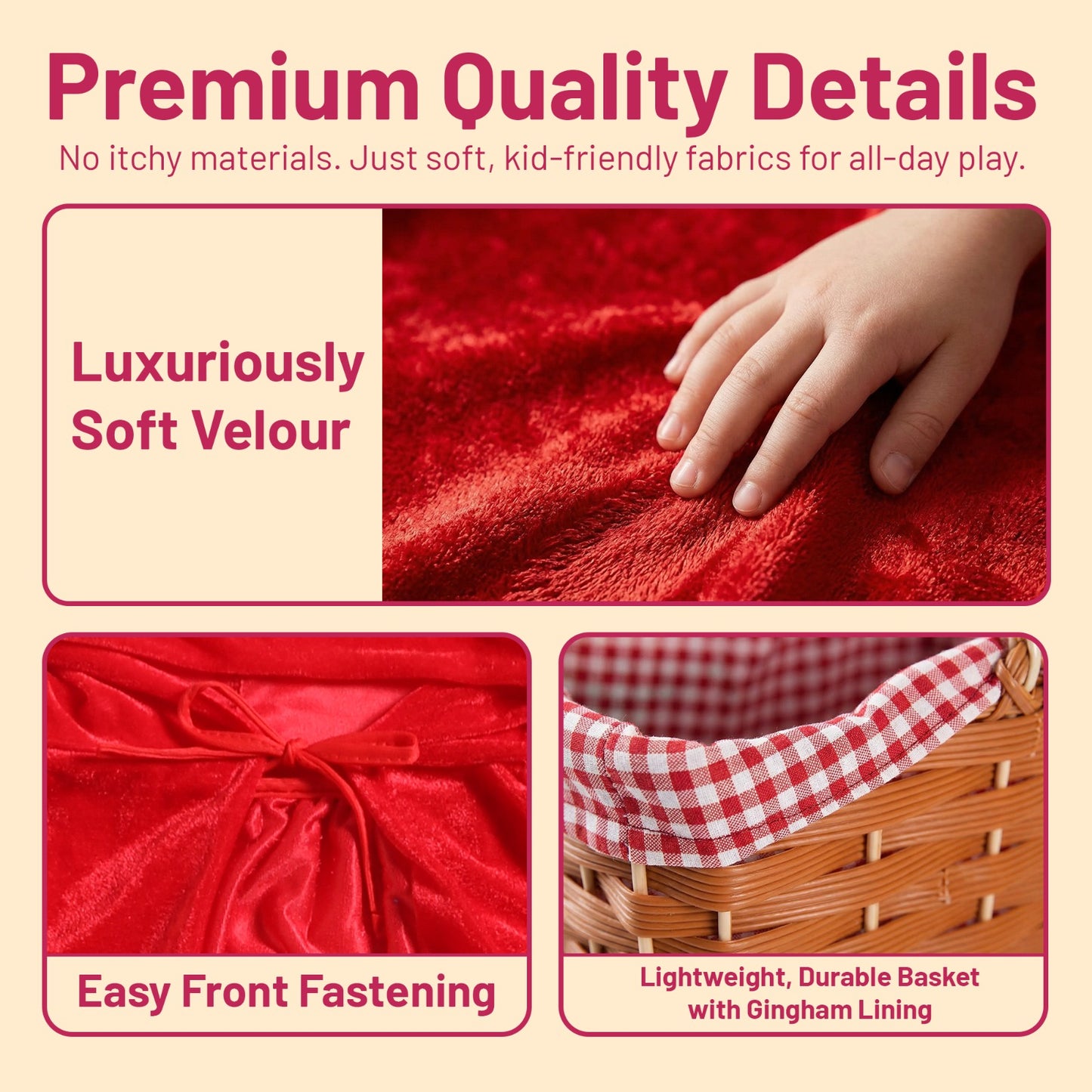 VIROSA Red Riding Hood Costume Set - Hooded Velour Cape & Picnic Basket Kids