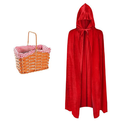 VIROSA Red Riding Hood Costume Set - Hooded Velour Cape & Picnic Basket Kids