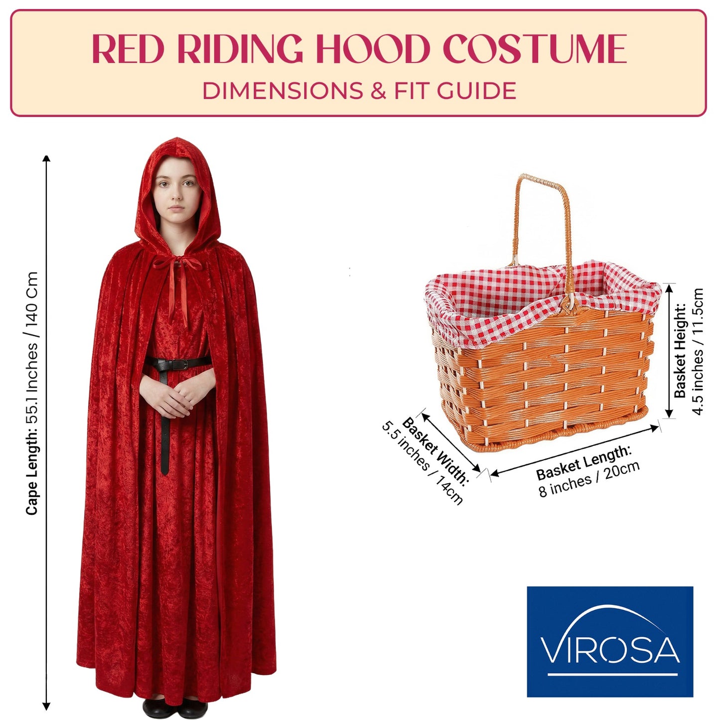 VIROSA Red Riding Hood Costume Set - Hooded Velour Cape & Picnic Basket Kids