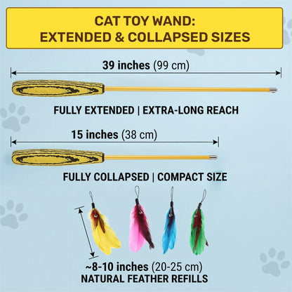GrassVillage Cat Teaser Wand Toy Set (2 Pack) with 2 wands, 16 Feather Refills & 4 Hooks – Interactive Indoor Cat Toy for Exercise & Play