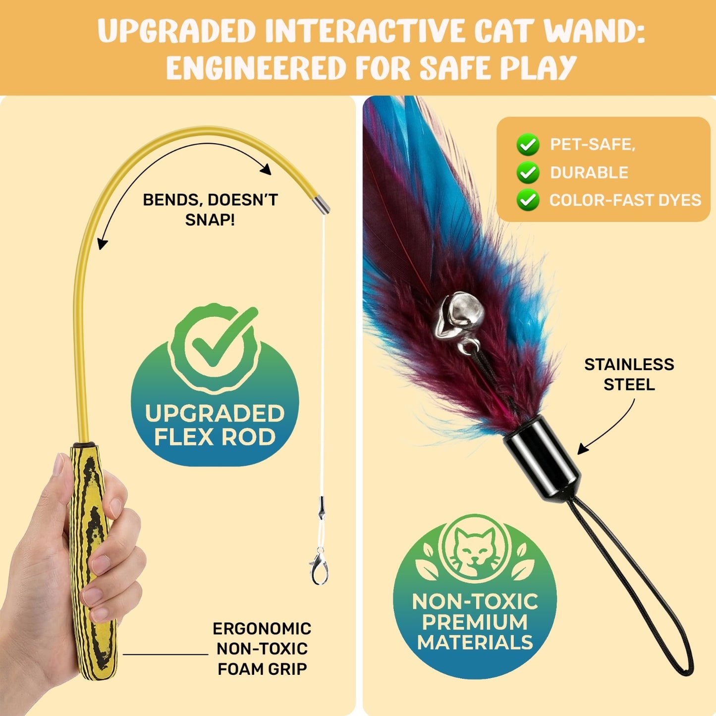 GrassVillage Cat Teaser Wand Toy Set (2 Pack) with 2 wands, 16 Feather Refills & 4 Hooks – Interactive Indoor Cat Toy for Exercise & Play