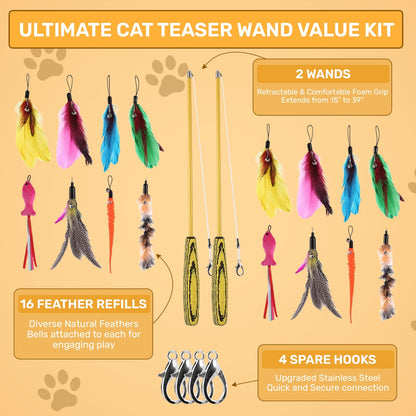 GrassVillage Cat Teaser Wand Toy Set (2 Pack) with 2 wands, 16 Feather Refills & 4 Hooks – Interactive Indoor Cat Toy for Exercise & Play