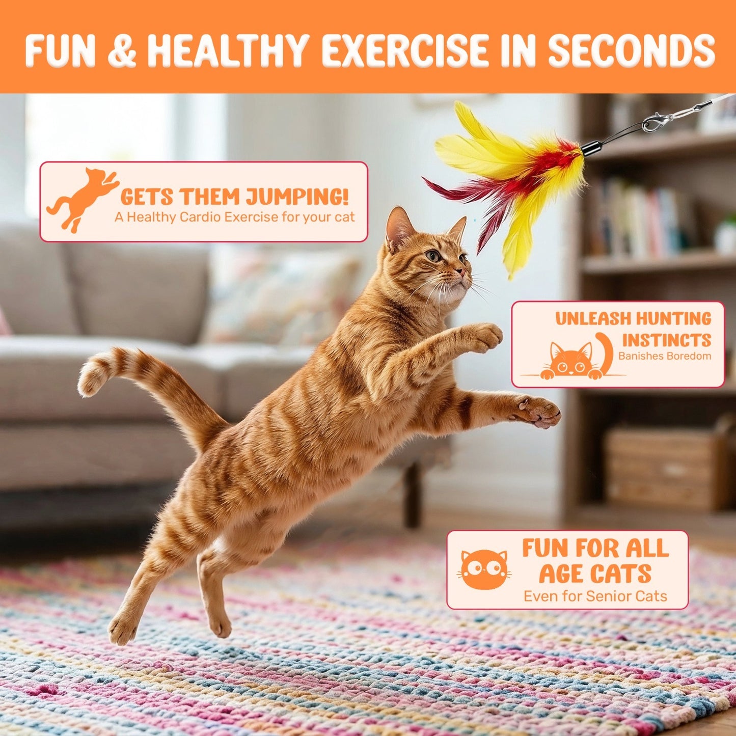 GrassVillage Cat Teaser Wand Toy Set (2 Pack) with 2 wands, 16 Feather Refills & 4 Hooks – Interactive Indoor Cat Toy for Exercise & Play