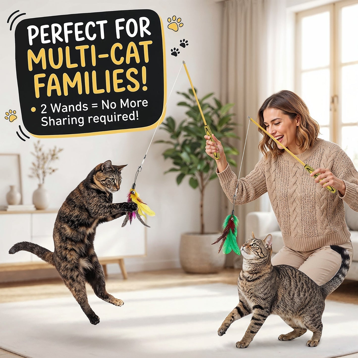 GrassVillage Cat Teaser Wand Toy Set (2 Pack) with 2 wands, 16 Feather Refills & 4 Hooks – Interactive Indoor Cat Toy for Exercise & Play